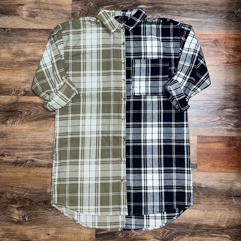 Forever21 Womens Dual Tone Plaid Woven Shirt Dress - Black/Green, Size L